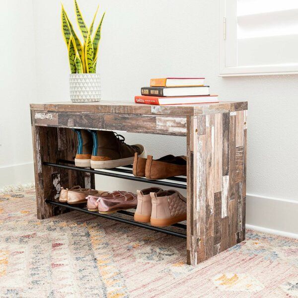 Rustic Distressed Wood Shoe Bench