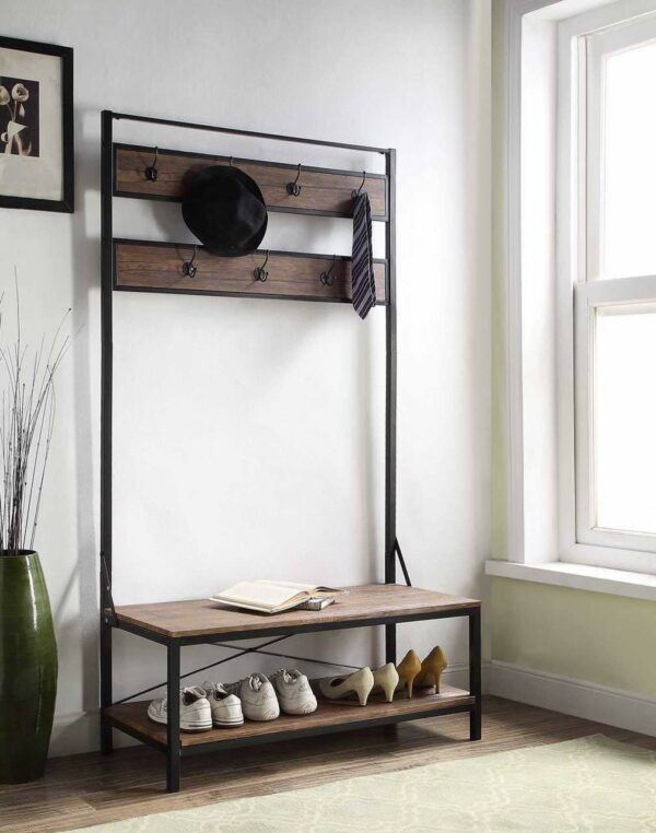 Vintage Entryway Shoe Bench With Coat Rack
